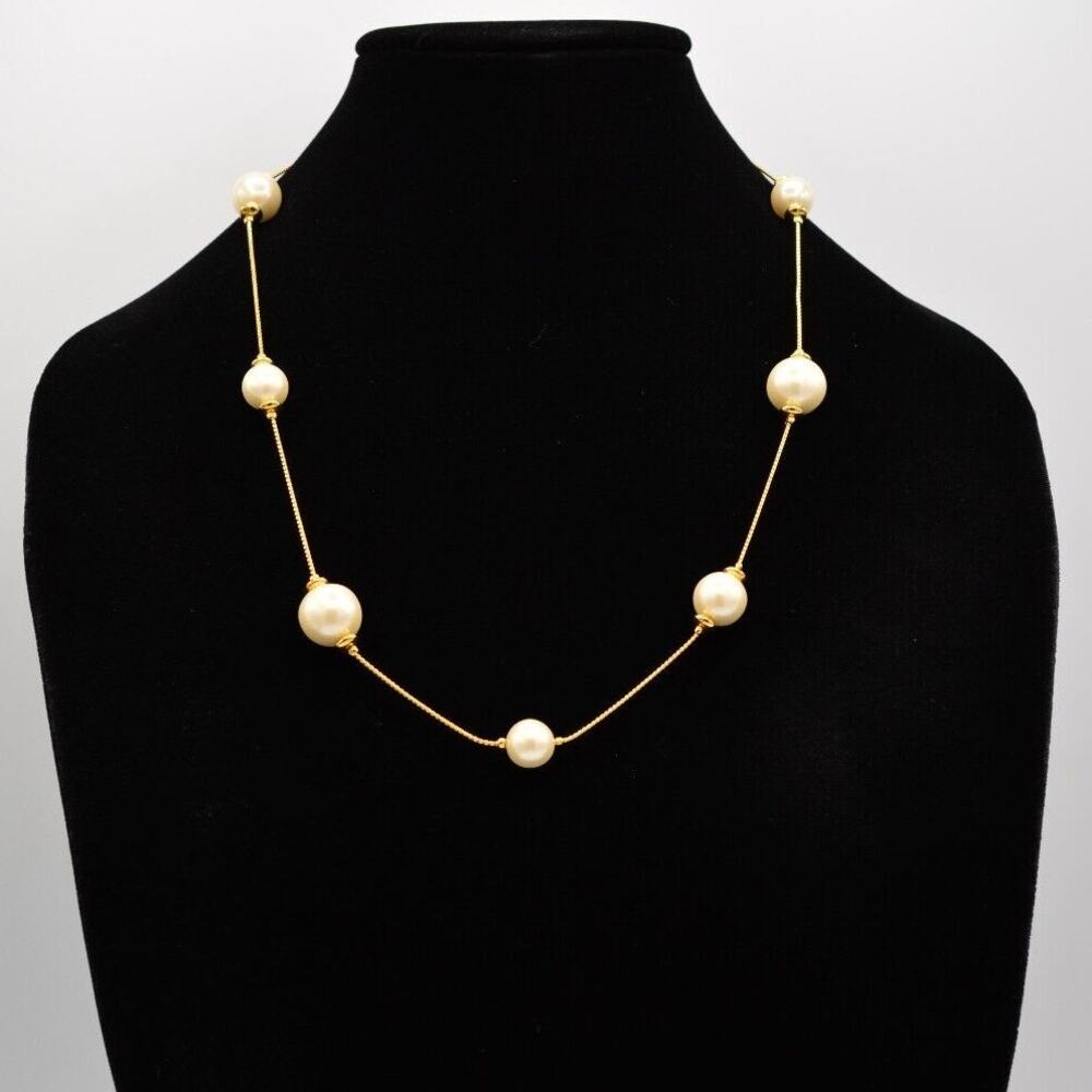 Anne Klein Vintage Chain Necklace White Pearl Gold Tone Chain AKII Signed Bin3D